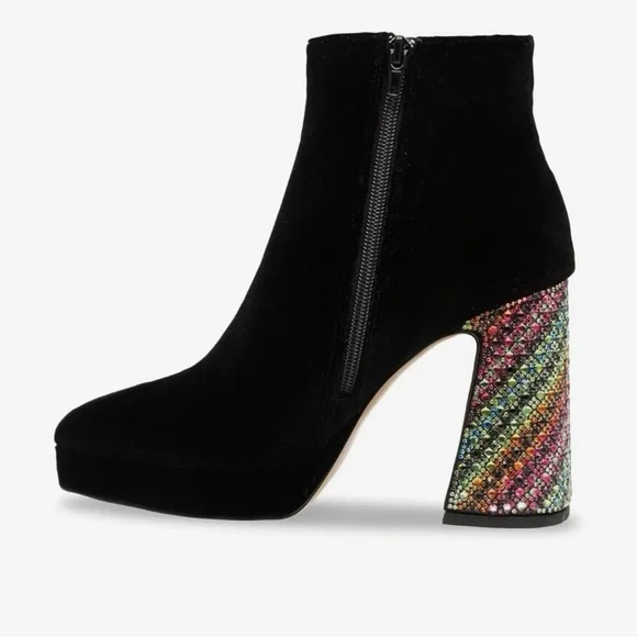 Betsey Johnson NWOT Stunning Black Ankle Boots Multicolor Rhinestone Heel (SH36) - Picture 2 of 9